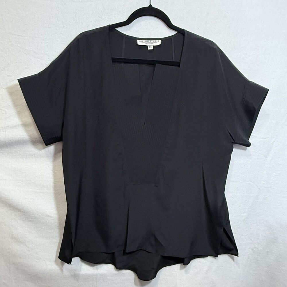 Inclan Studio Black V-Neck Flowy Silk Popover Top Blouse Women's Size M Classic